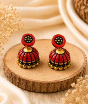 Crimson Dome handmade terracotta jhumki earrings showing traditional hand-painted clay dome patterns in vibrant red and gold