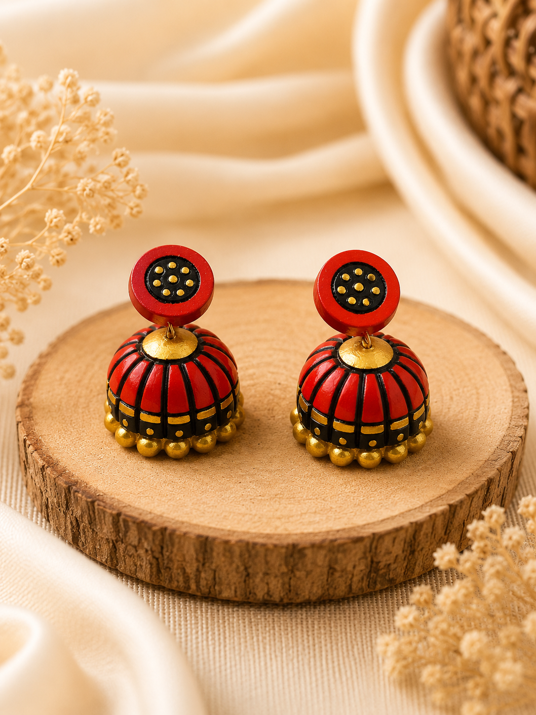 Crimson Dome handmade terracotta jhumki earrings showing traditional hand-painted clay dome patterns in vibrant red and gold