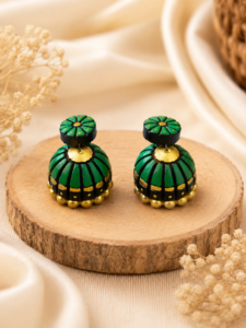 Pair of Emerald Dome handmade terracotta jhumki earrings featuring hand-painted traditional clay dome designs in green and gold.