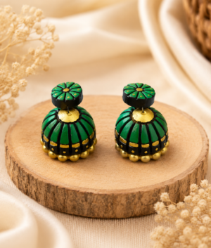 Pair of Emerald Dome handmade terracotta jhumki earrings featuring hand-painted traditional clay dome designs in green and gold.