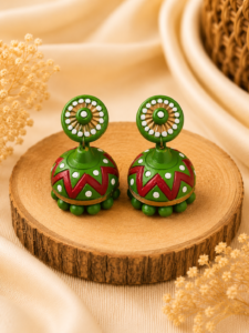 Emerald Drop handmade terracotta jewellery set showcasing a hand-painted teardrop clay pendant and matching earrings in rich green and gold tones.