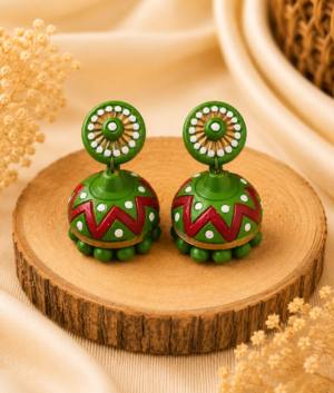 Emerald Drop handmade terracotta jewellery set showcasing a hand-painted teardrop clay pendant and matching earrings in rich green and gold tones.