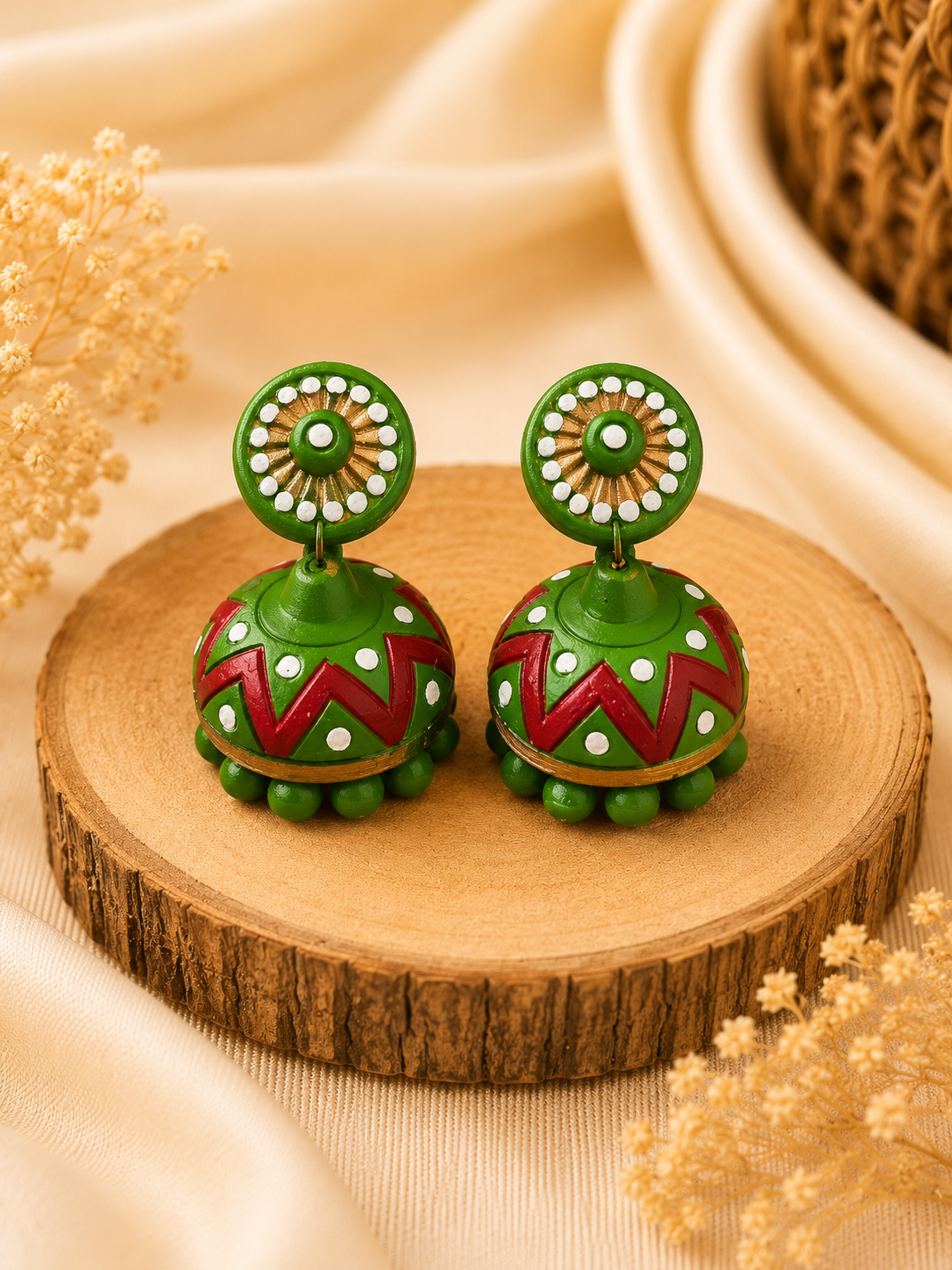 Emerald Drop handmade terracotta jewellery set showcasing a hand-painted teardrop clay pendant and matching earrings in rich green and gold tones.
