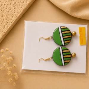 Handcrafted emerald green striped terracotta jewellery set with matching earrings for festive and traditional wear.