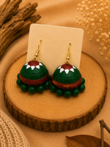 Handcrafted Forest Dome terracotta jhumka hanging jewellery set in deep forest green with traditional dome-shaped earrings