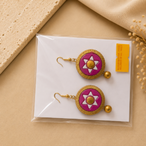 Handcrafted magenta mandala-inspired terracotta jewellery set with matching earrings for festive and traditional wear