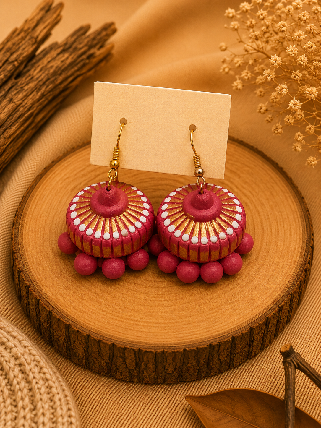 Pink Royale handmade terracotta hanging jhumka earrings showcasing a regal, hand-painted tiered clay design in rich pink and metallic gold.
