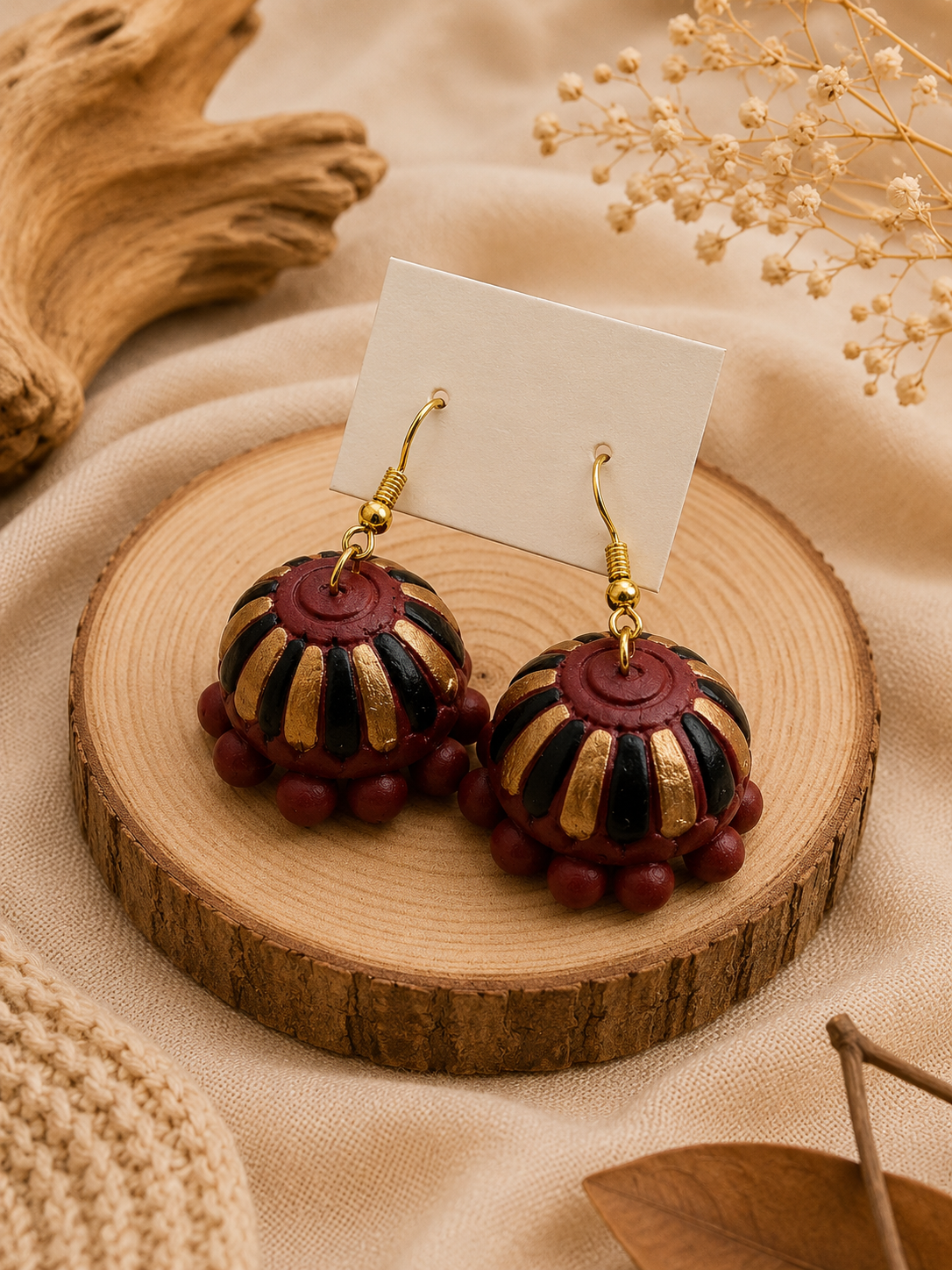 Plum Dome handmade terracotta hanging jhumka earrings featuring traditional hand-painted tiered clay designs in rich plum purple and metallic accents