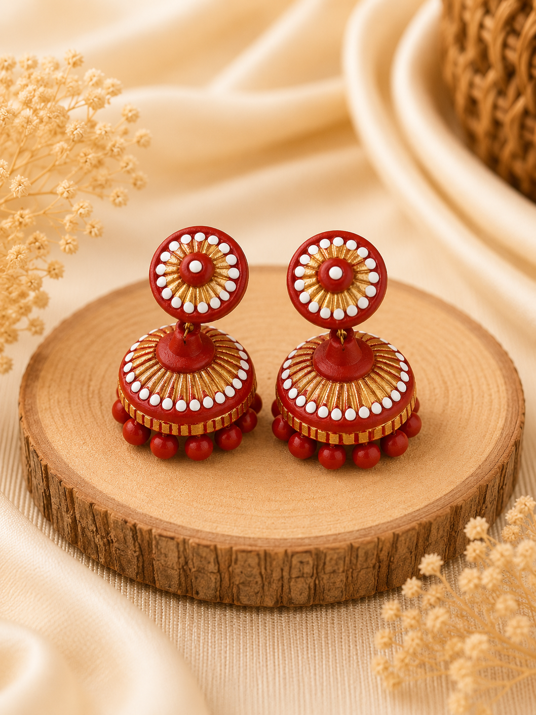 Ruby Bloom handmade terracotta jewellery set featuring a hand-painted floral clay pendant and matching earrings in ruby red tones.