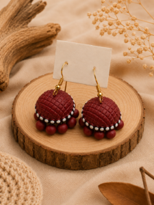 Add a fluid grace to your ethnic ensemble with the Ruby Weave Terracotta Hanging Jhumkas. Featuring flowing wave-inspired artistry and rich ruby-toned craftsmanship, these handcrafted clay earrings move with pure elegance.