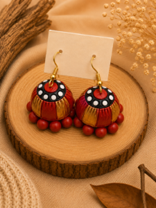 Rust Jhumka handmade terracotta hanging jhumka earrings featuring traditional hand-painted tiered designs in burnt rust red and gold