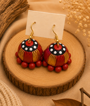 Rust Jhumka handmade terracotta hanging jhumka earrings featuring traditional hand-painted tiered designs in burnt rust red and gold