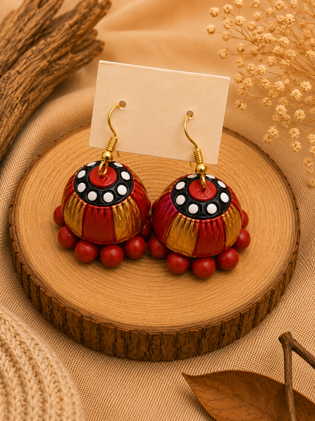 Rust Jhumka handmade terracotta hanging jhumka earrings featuring traditional hand-painted tiered designs in burnt rust red and gold