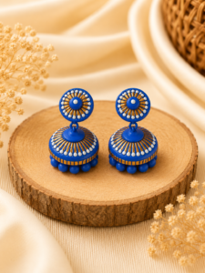 Sapphire Dome handmade terracotta jewellery set highlighting a hand-painted royal blue dome pendant and matching dome earrings with silver accents