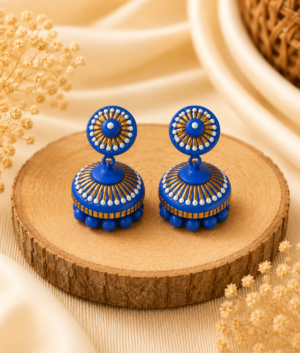 Sapphire Dome handmade terracotta jewellery set highlighting a hand-painted royal blue dome pendant and matching dome earrings with silver accents