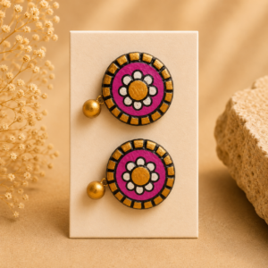 Handcrafted Sunset Mandala terracotta stud earrings with intricate circular mandala design in warm sunset tones