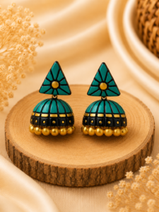 Teal Triangle handmade terracotta jewellery set displaying a hand-painted geometric triangular clay pendant and matching earrings in teal and gold