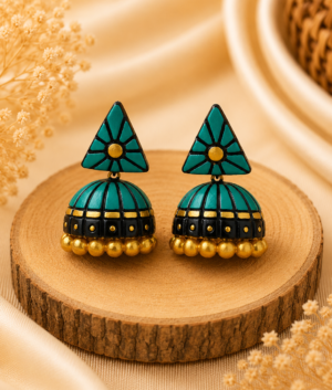 Teal Triangle handmade terracotta jewellery set displaying a hand-painted geometric triangular clay pendant and matching earrings in teal and gold