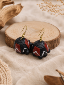 Pair of Tribal Twilight handmade terracotta hanging jhumka earrings featuring long tiered clay designs hand-painted in black, gray, and gold