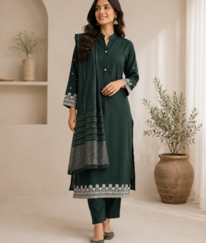 Bottle Green Vertican Suit Set with Sleeve Work