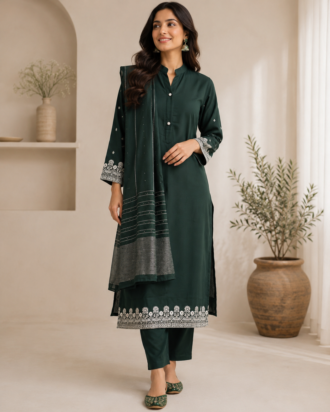 Bottle Green Vertican Suit Set with Sleeve Work