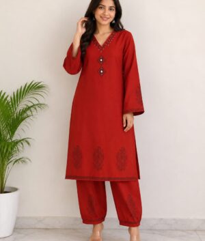Brick Two Piece Cotton Suit with Mirror Work