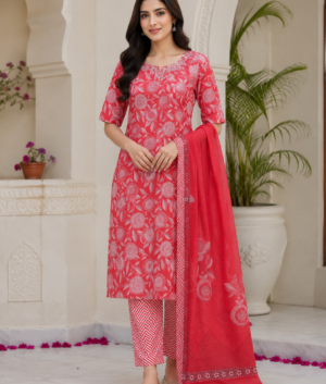 Coral Red Pure Cotton Suit Set