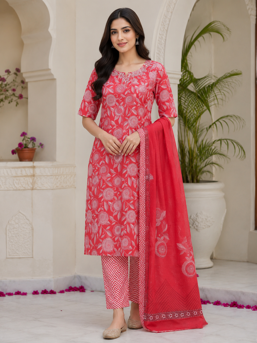 Coral Red Pure Cotton Suit Set