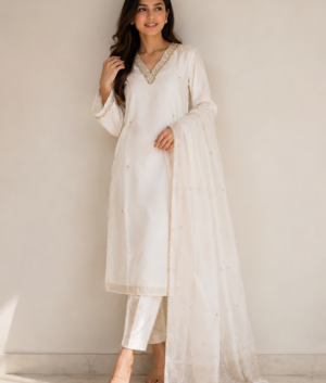 Cream Dola Silk Suit with Neck Work and Banarasi Dupatta