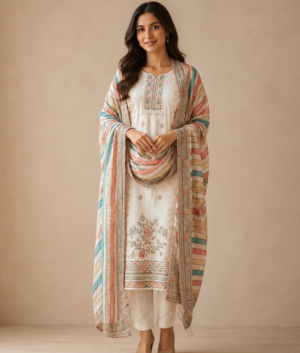 Cream Muslin Suit Set with Mirror Work