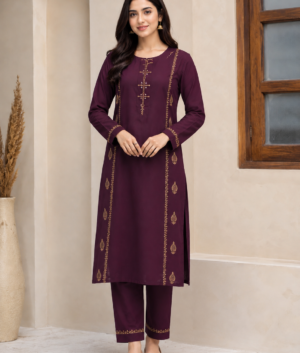 Dark Wine Cotton Suit with Mirror Work