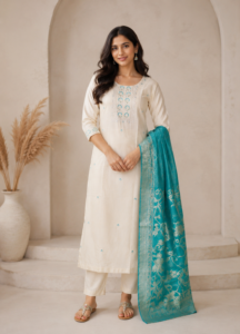 Women's embroidered beige silk three-piece suit set with matching dupatta and elegant traditional embroidery
