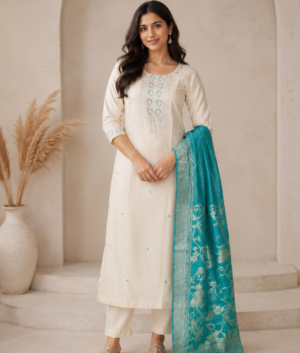 Women's embroidered beige silk three-piece suit set with matching dupatta and elegant traditional embroidery