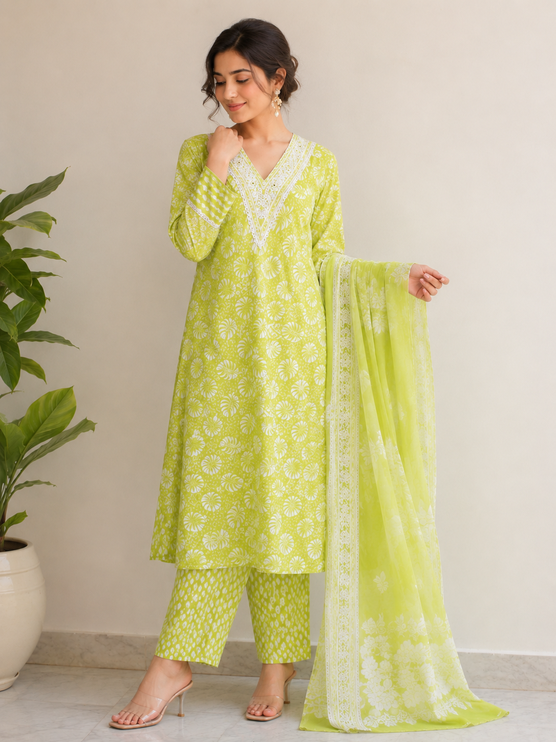 Fluorescent Green Pure Cotton Suit Set