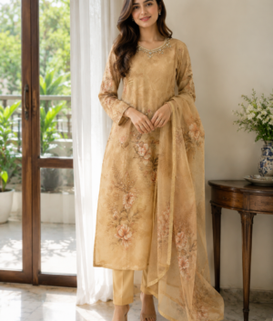 Golden Embroidered Three Piece Tissue Suit Set