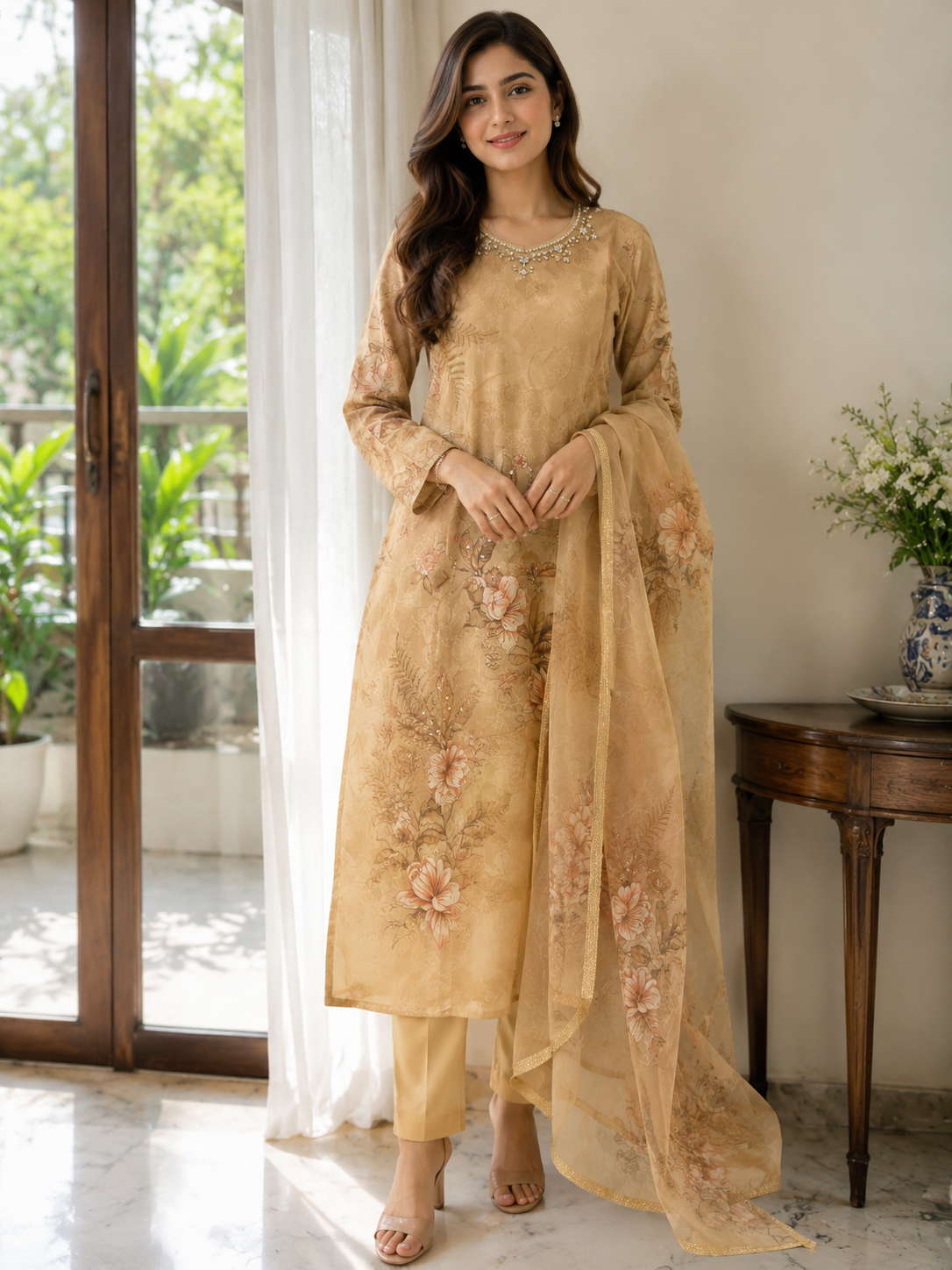 Golden Embroidered Three Piece Tissue Suit Set