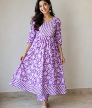 Lavender Frock Style Pure Cotton Kurti