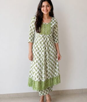 Leaf Green Pure Cotton Frock Style Kurti