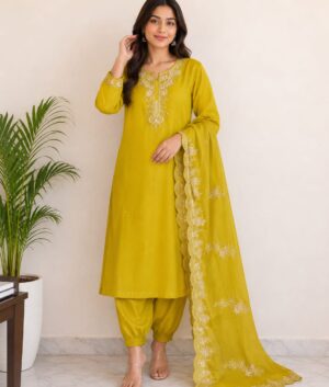 Lime Green Embroidered Three Piece Dola Silk Suit
