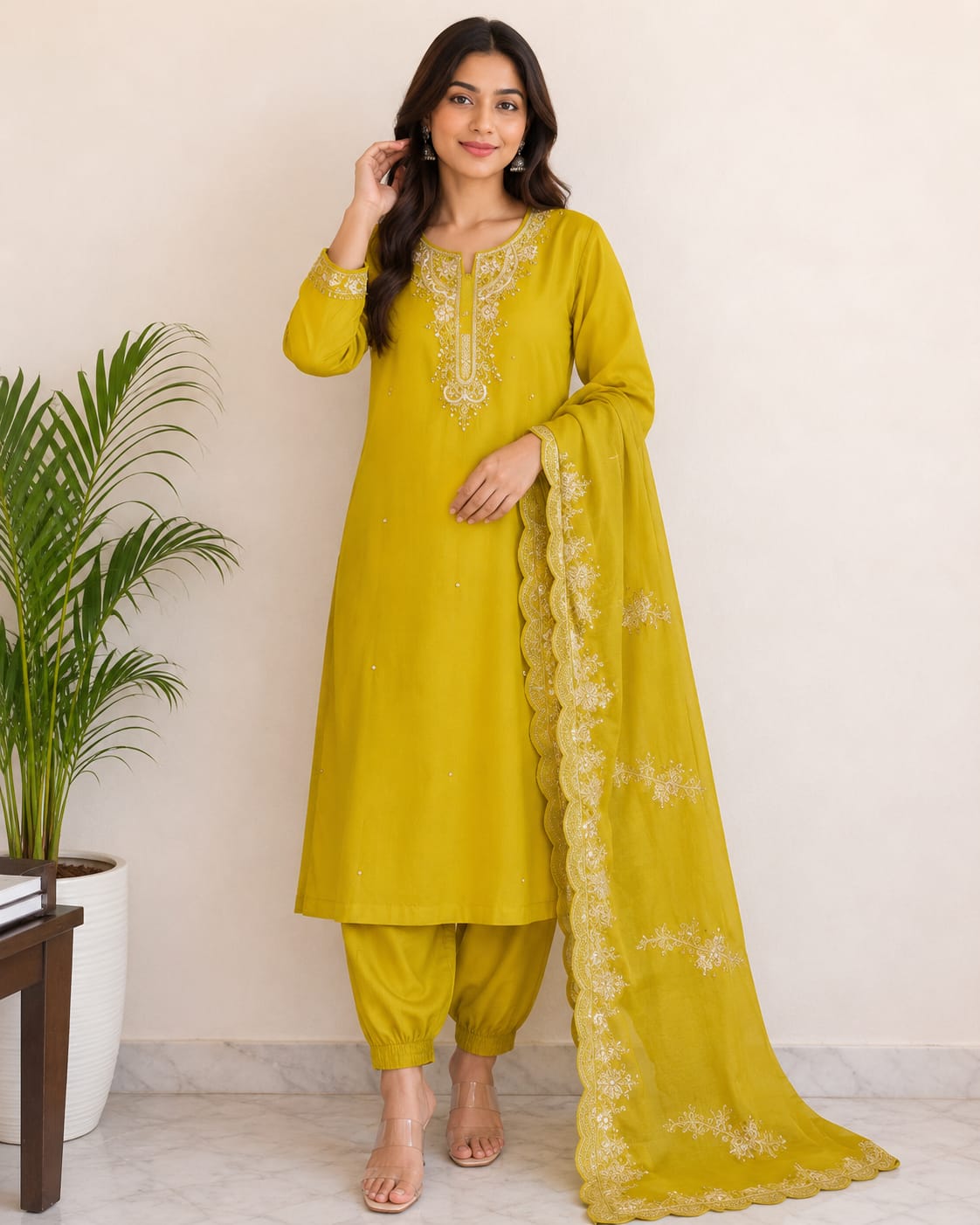 Lime Green Embroidered Three Piece Dola Silk Suit