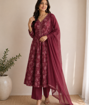 Maroon Frock Style Vertical Silk Suit Set