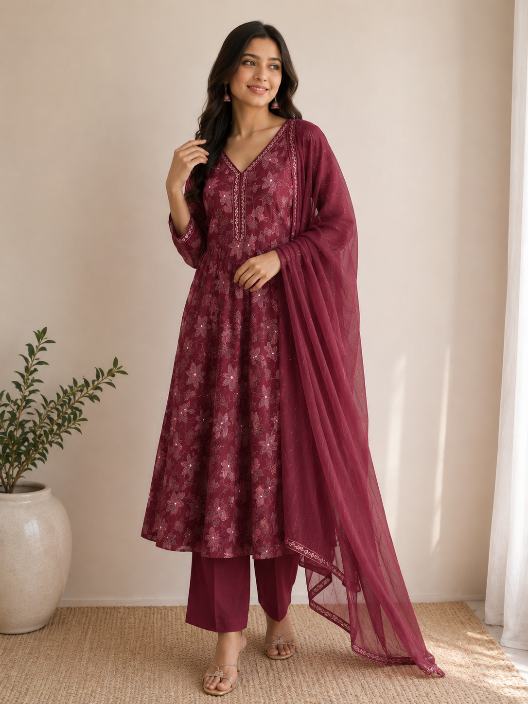 Maroon Frock Style Vertical Silk Suit Set