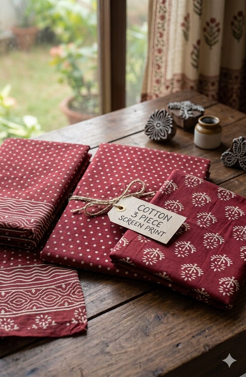 Maroon Cotton Three Piece Screen Print Suit with detailed screen print close-up