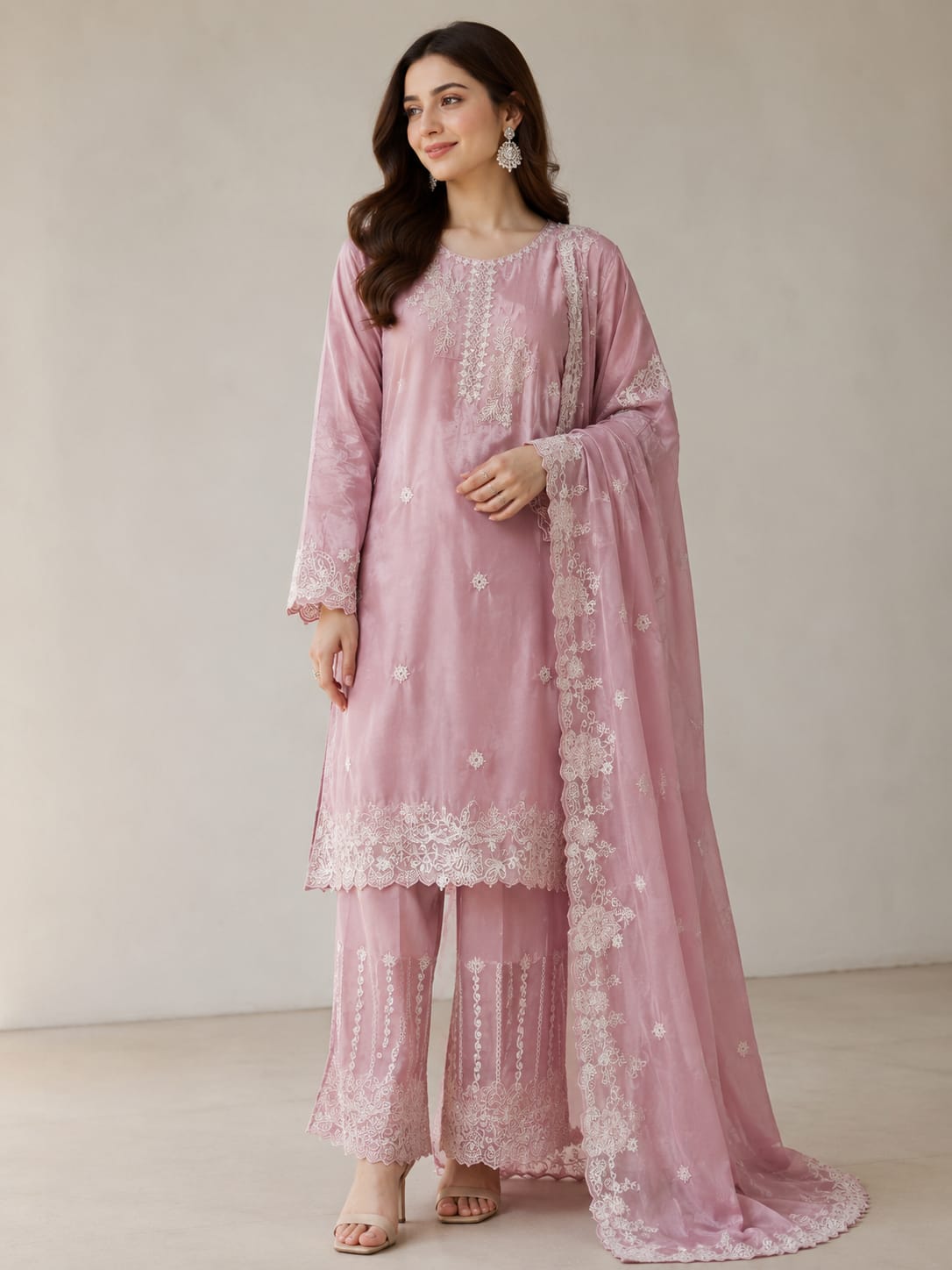 Mauve Pink Fully Embroidered Pakistani Suit Set with Zarkan Work