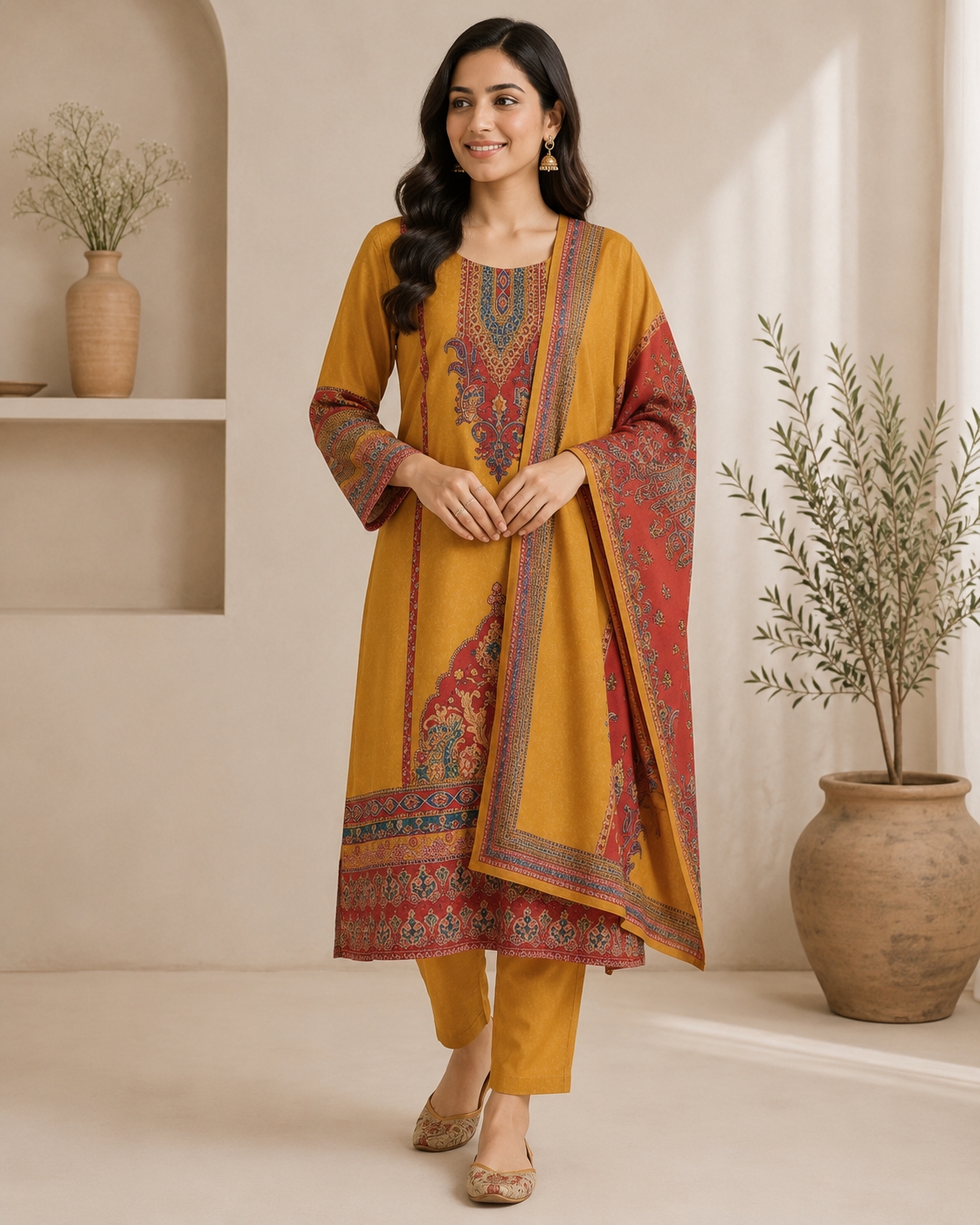 Mustard Fish Cut Three Piece Suit