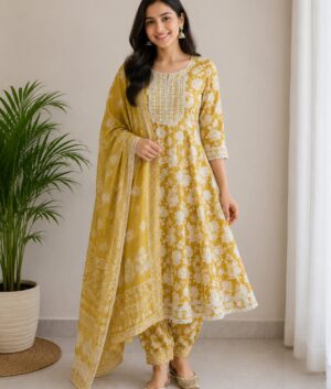 Mustard Frock Style Pure Cotton Suit Set