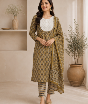 Olive Leaf Design Frock Style Suit Set