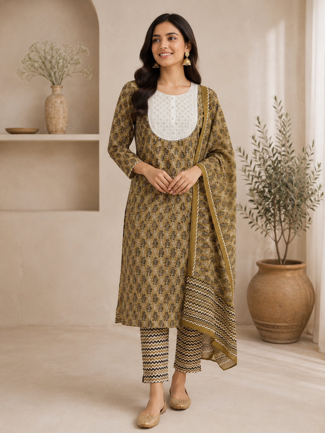 Olive Leaf Design Frock Style Suit Set