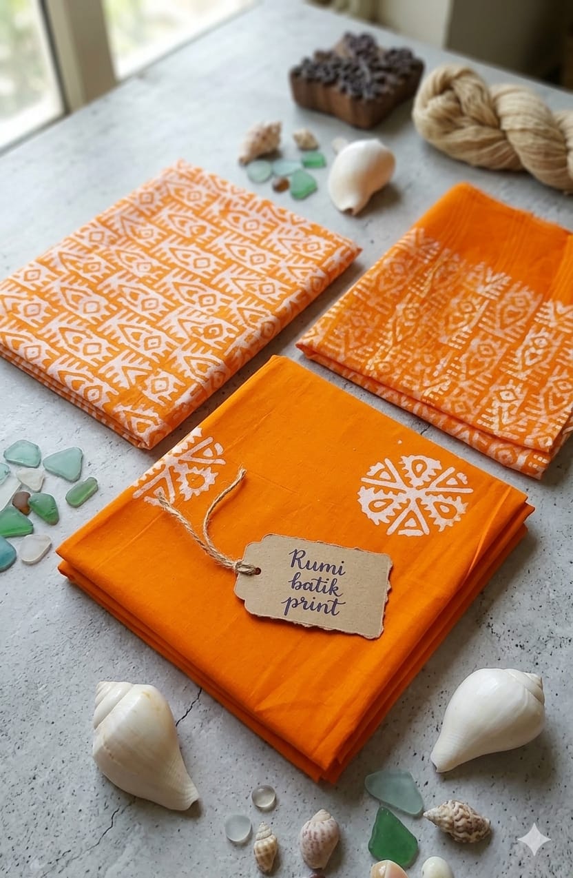 Orange Rumi Batik Print Three Piece Suit with detailed batik print close-up