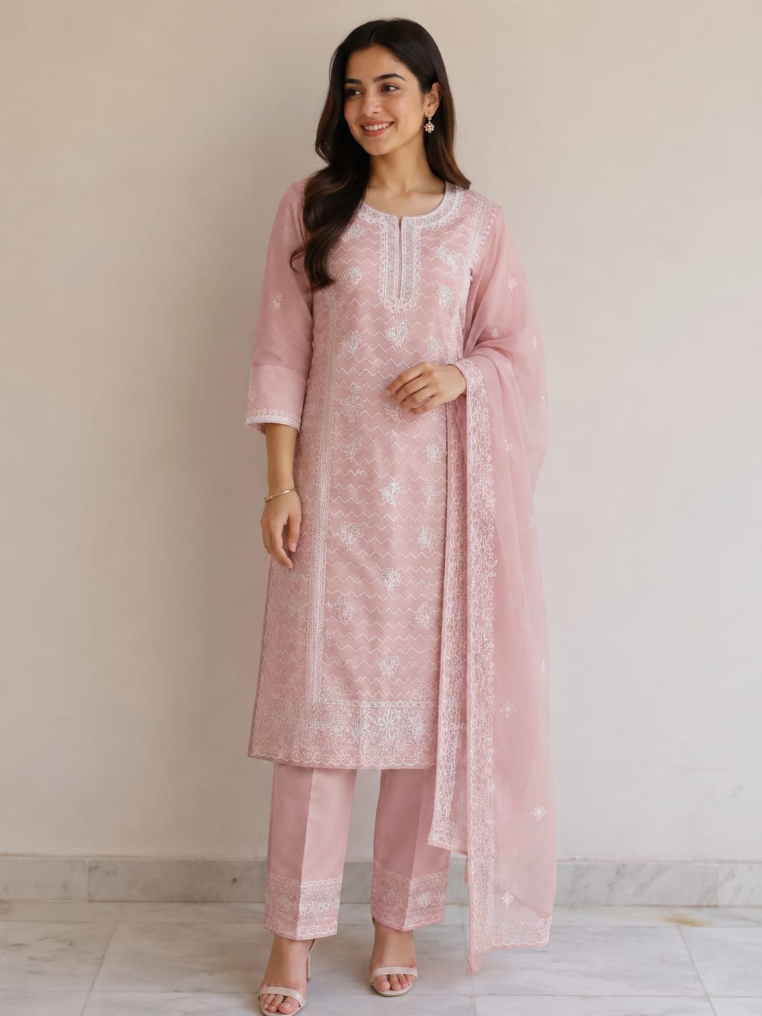 Peach Fully Embroidered Pakistani Suit Set with Zarkan Work